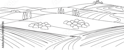 Rolling Hills Landscape with Farmhouse and Cypress Trees in Line Art