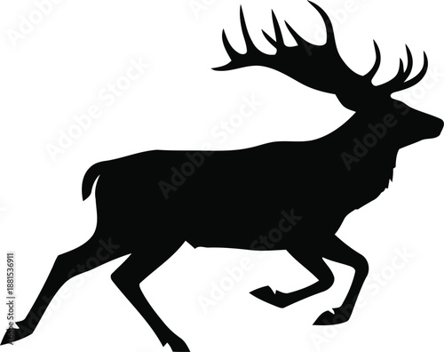 Silhouette of a majestic stag with large antlers running on a white background