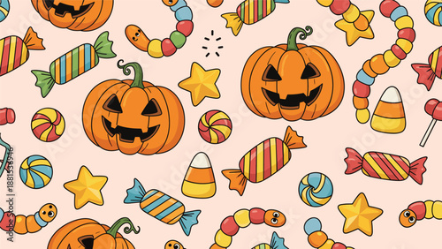 Festive halloween pattern featuring carved pumpkins, various colorful candies, stars, and gummy worms on a soft pink background.