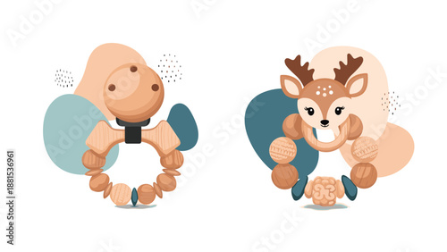 Pair of eco friendly wooden baby teethers including a bead rattle and a cute deer shaped toy on abstract backgrounds.