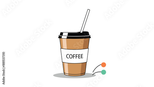 Brown takeaway paper coffee cup with a white label and a straw isolated on a simple white background.