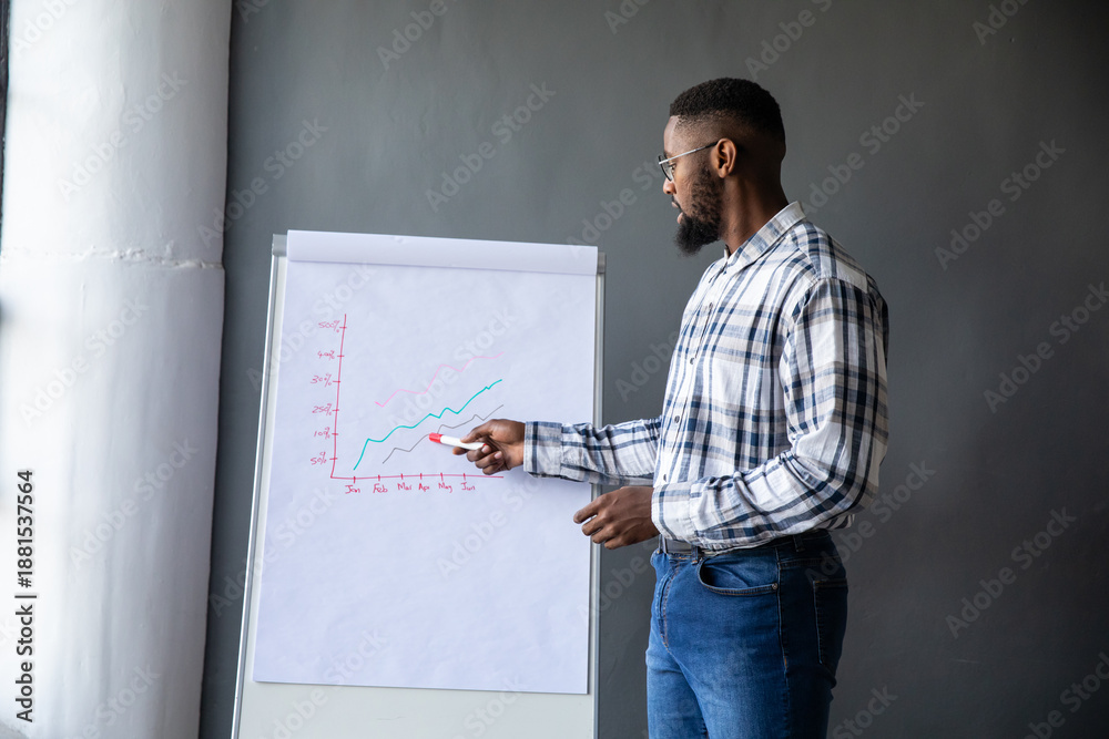 Fototapeta premium Flip chart displaying hand-drawn blue and red trend lines on easel in meeting room