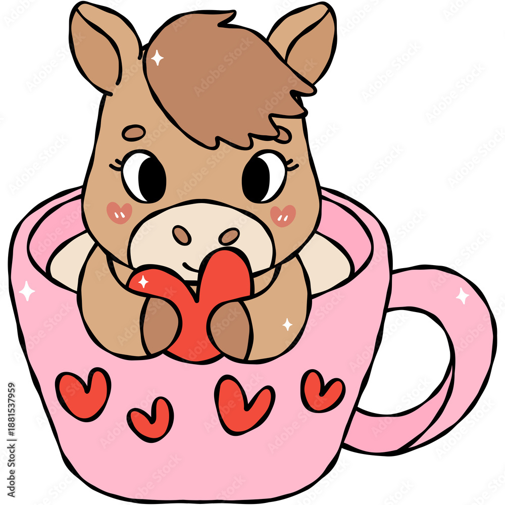 Fototapeta premium Cute horse hugging a red heart inside a cup, hand-drawn cartoon style for Valentine’s Day. Part of the Cute Valentine Horse Clipart collection.