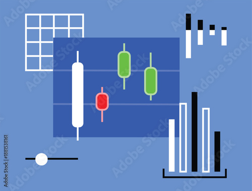 Modern stock market analytics dashboard. Candlestick chart, volume bar and trading indicators. Fintech apps, investment presentations, data visualization reports, and financial traders and business.