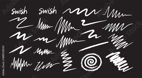 Black underline chalk brush strokes with pencil line crayon texture for handdrawn designs and markings. Rough wavy zigzag patterns or straight horizontal elements.