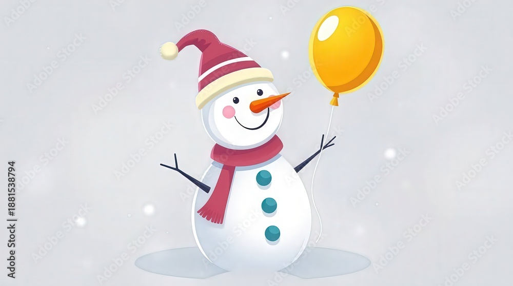 Fototapeta premium Happy snowman in festive hat and scarf holding yellow balloon