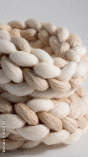 Close up of soft handcrafted knitted textile with neutral tones