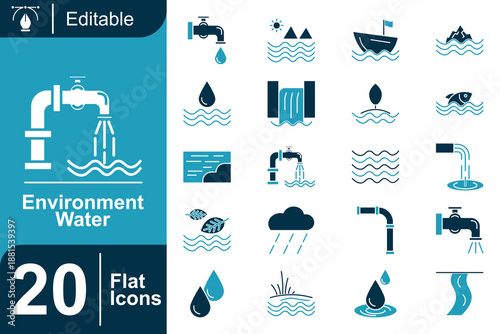 Environment Water Flat Color Icon Set Featuring Clean Water, Rain, River, Ocean, Tap, Drop, Flood, Nature Conservation, Sustainability and Environmental Protection Symbols