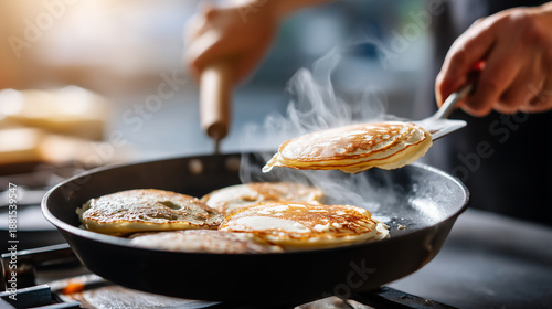 Close-up of blini being cooked on a cast-iron pan, a hand flipping the pancake with a spatula, authentic kitchen moment, soft steam, warm stovetop light, unstyled real-life kitchen