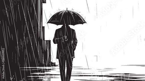 Full body silhouette of a professional man holding an umbrella in heavy rain for life insurance risk management and weather protection business marketing resources.