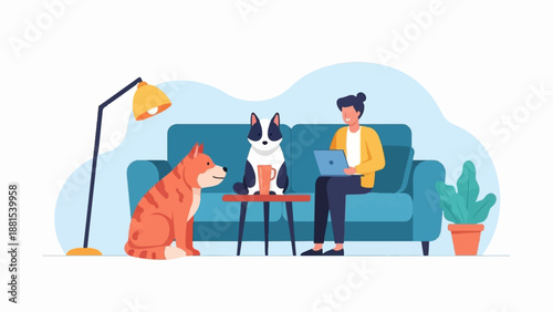 Person with pets on couch working remotely with laptop, lamp, and plant