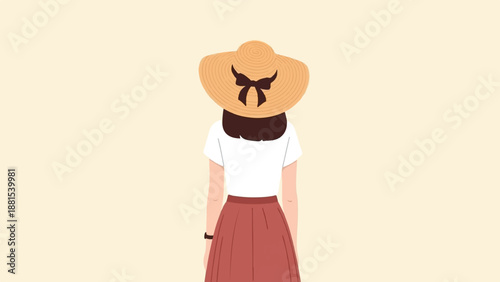 Person with straw hat and skirt seen from behind