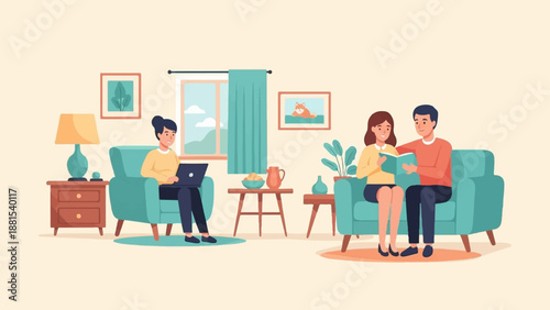 People relaxing at home on sofas, reading and using laptop