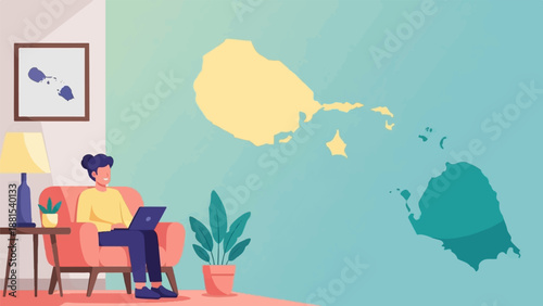 Person working on laptop at home with maps of islands on wall