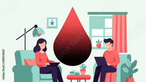 People relaxing at home with a giant blood drop overhead