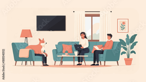People and dog relaxing in living room with laptop and book