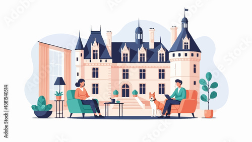 People and dog relaxing in a room with a grand building and large window