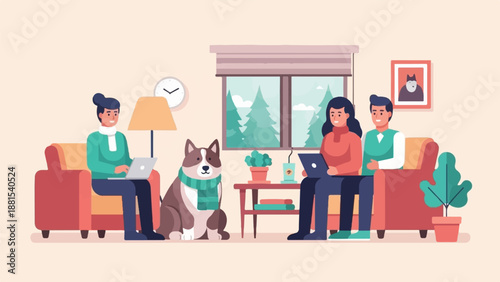 People and dog using laptops in a cozy living room with window view
