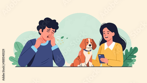 People and dog with one person sneezing, the other on phone