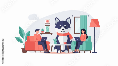 People and dog working on laptops at home with plants and lamp