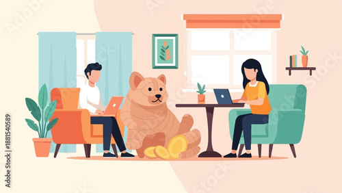 People and dog working on laptops in a cozy living room