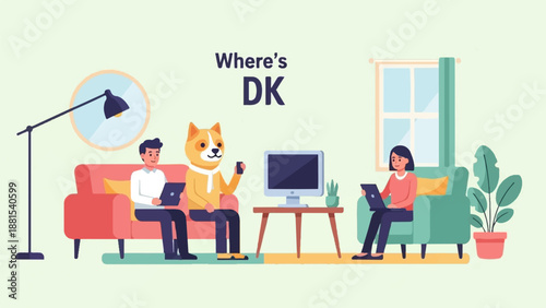 People and dog-person relax on sofas with laptops, TV, and plants