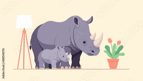 Mother and baby rhino near a lamp and potted plant