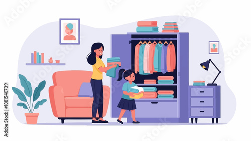 Mother and daughter tidying folded clothes in a bedroom near a wardrobe