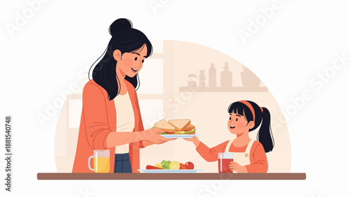 Mother serving sandwiches and drinks to a delighted child at home