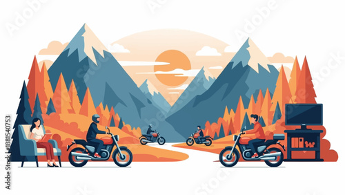 Motorcycle riders explore a scenic mountain valley at sunset