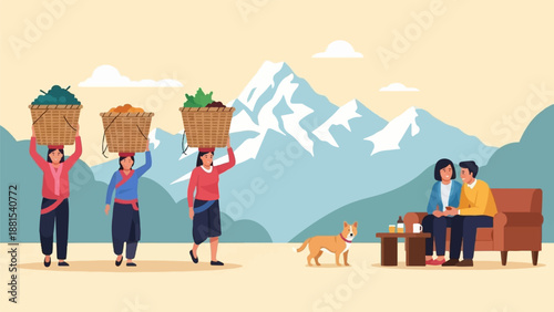 Mountain backdrop with people carrying baskets, a dog, and a couple relaxing