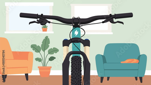 Mountain bike parked indoors beside furniture and plants