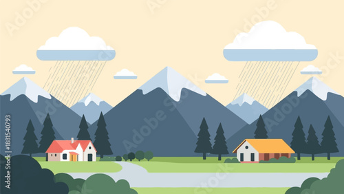 Mountain landscape with houses, trees, and falling rain under cloudy sky