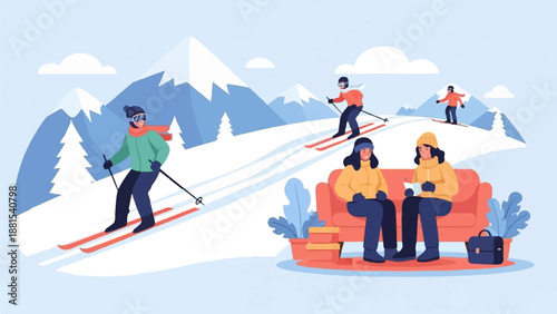 Mountain resort with skiers and people relaxing on a couch