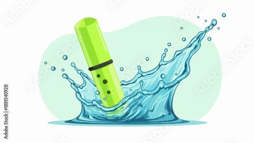 Neon green recorder plunging into water with splash