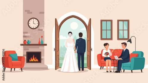 Newlyweds holding hands entering sunlit landscape, guests wait