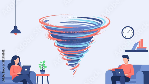 Office chaos people work through a swirling vortex of stress and tasks