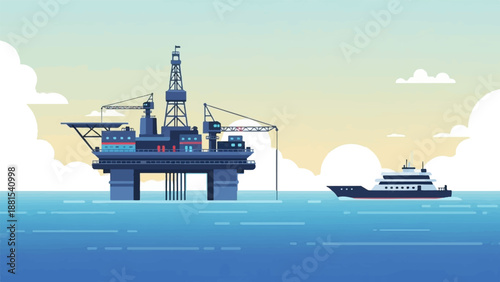 Offshore oil rig and a large boat on the sea during daytime