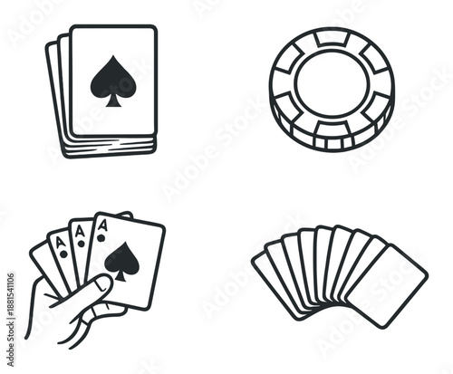 Monochrome playing cards and poker chips icons in neon glow