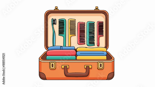 Open suitcase with toiletries combs, toothbrushes, and folded cloths