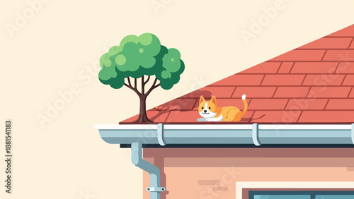 Orange and white cat lounges on a tiled roof next to a green leafy tree