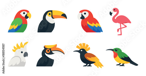 Colorful tropical birds with cascading neon glow on dark background