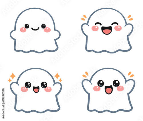 Cute kawaii ghosts expressing joy and happiness with blushing cheeks