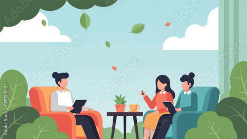 People seated in comfortable chairs, talking, with plants and clouds above