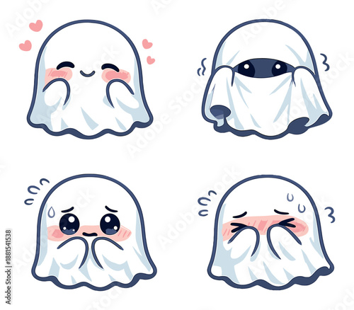 Cute cartoon ghosts with various facial expressions on dark background