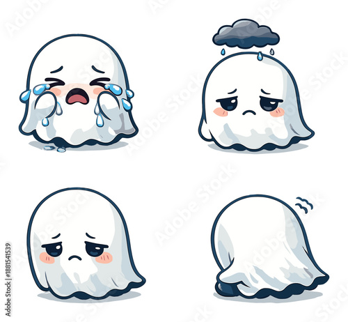 Cute ghosts display mixed emotions with tears and clouds on grey background