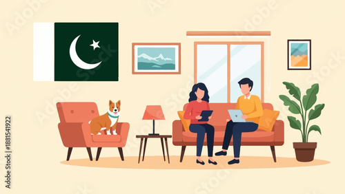 People and pet relax indoors with Pakistani flag and home decor
