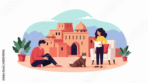 People and pet relax near a desert village with potted plants and mountains