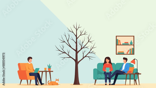 People and pet relaxing in a room with a bare tree