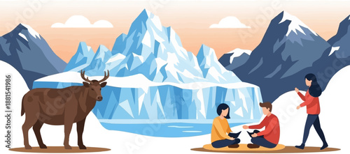 People and reindeer enjoy a frozen mountainous landscape